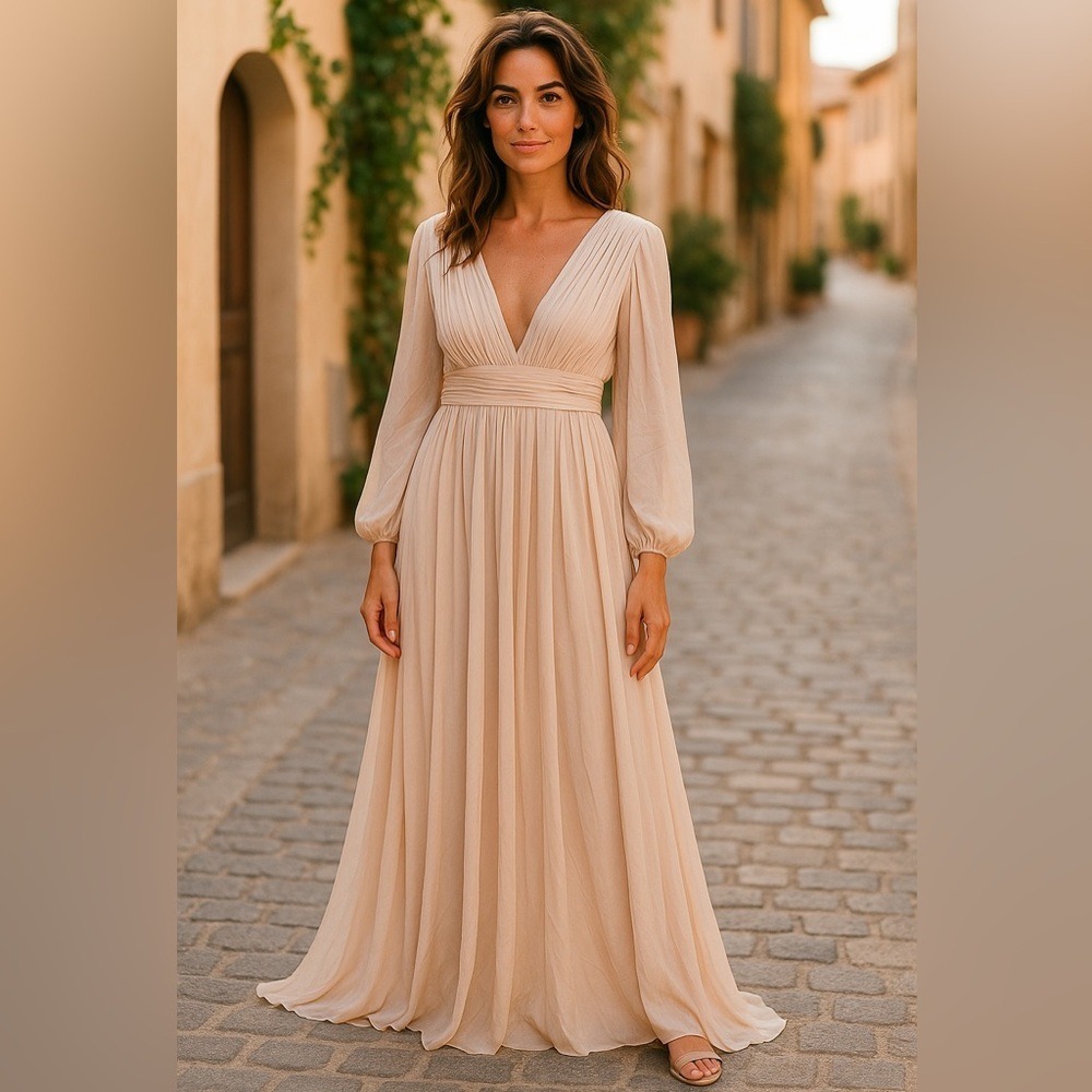 Love x Design Blush Pink Pleated Maxi Dress with Long Sleeves Size S